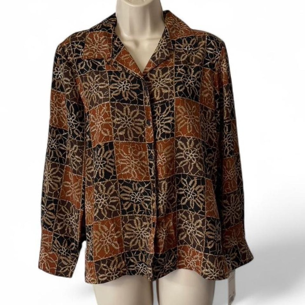Vintage 90s Elementz Block Print Earth Tones Blouse, Women's‎ Size S